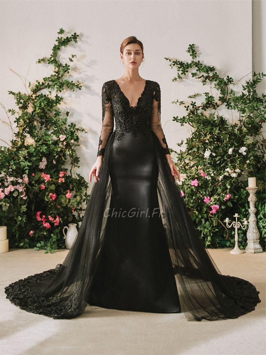 Robe De Mariee Noire Decollete Manche Longue Transformable Avec Surjupe Amovible