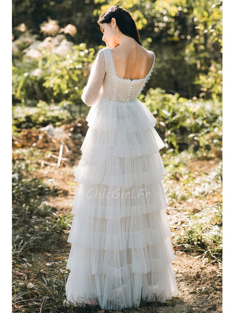Robe De Mariee Originale Champetre Tulle a Volants Col Carre Manche 3 4