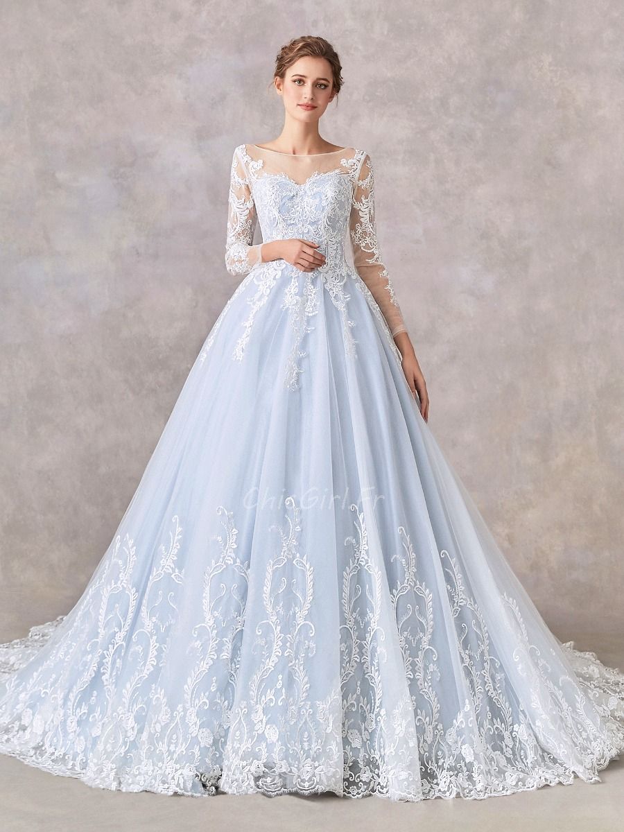 Robe De Mari e Princesse Blanche et Bleu Ciel Dentelle Manche