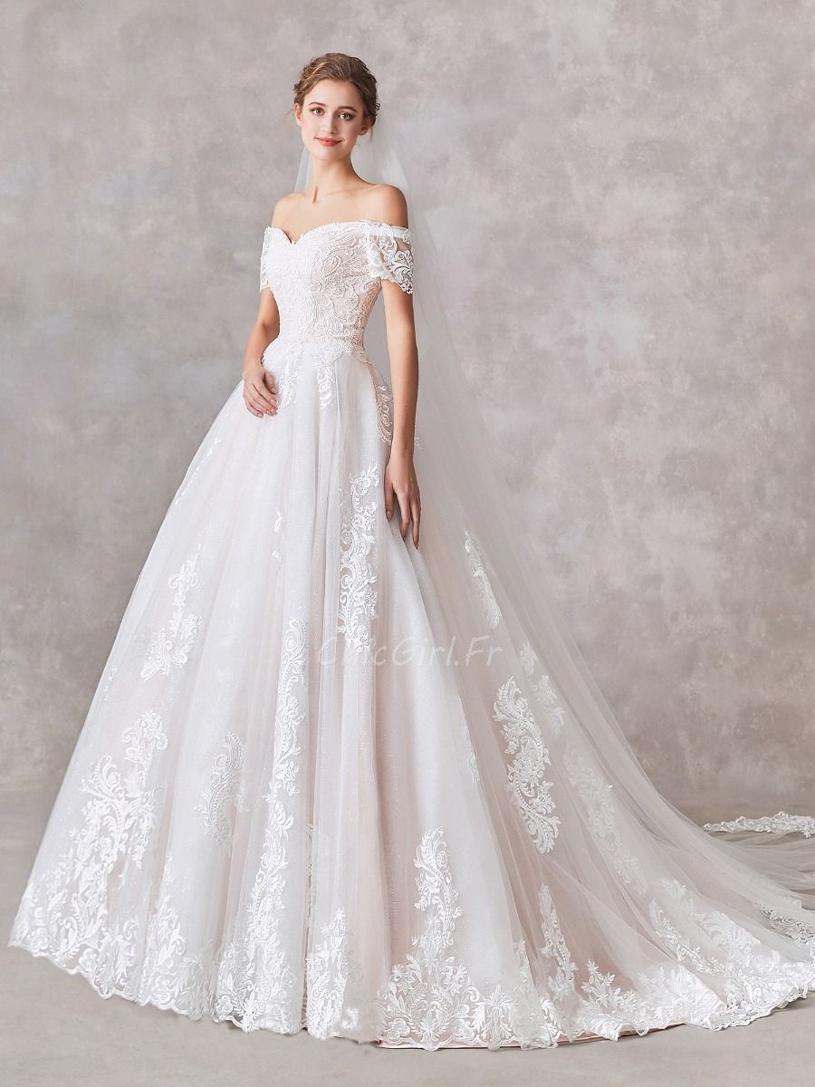 Robe De Mariee Princesse Epaule Tombante Dentelle Tulle Avec Lacet Au Dos