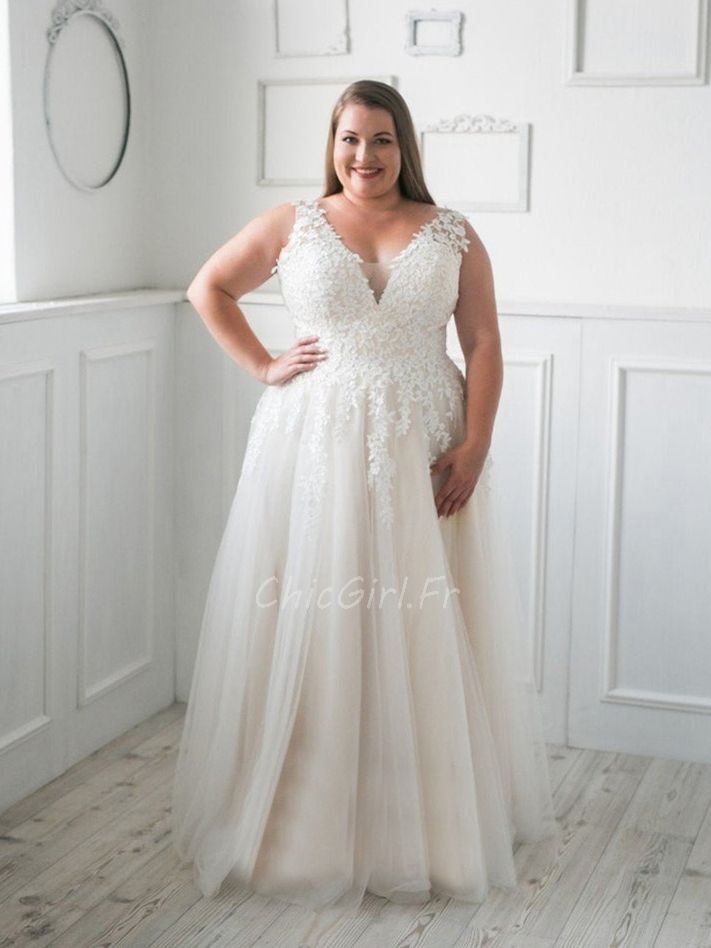 Robe De Mariee Princesse Grande Taille Tulle Dentelle Decollete Col V