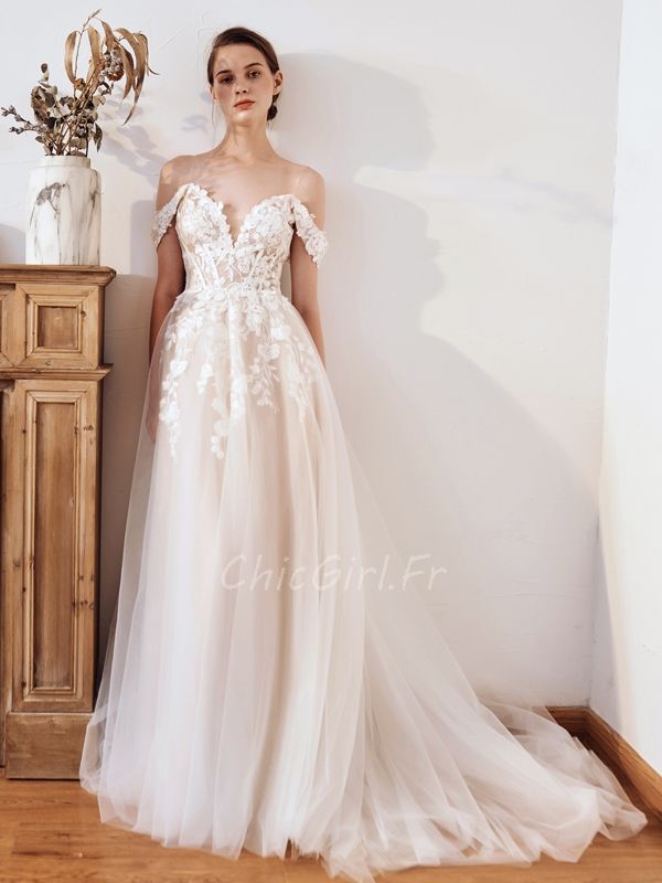 Robe De Mariee Sexy Bretelle Epaule Bustier Dentelle Transparent Avec Traine