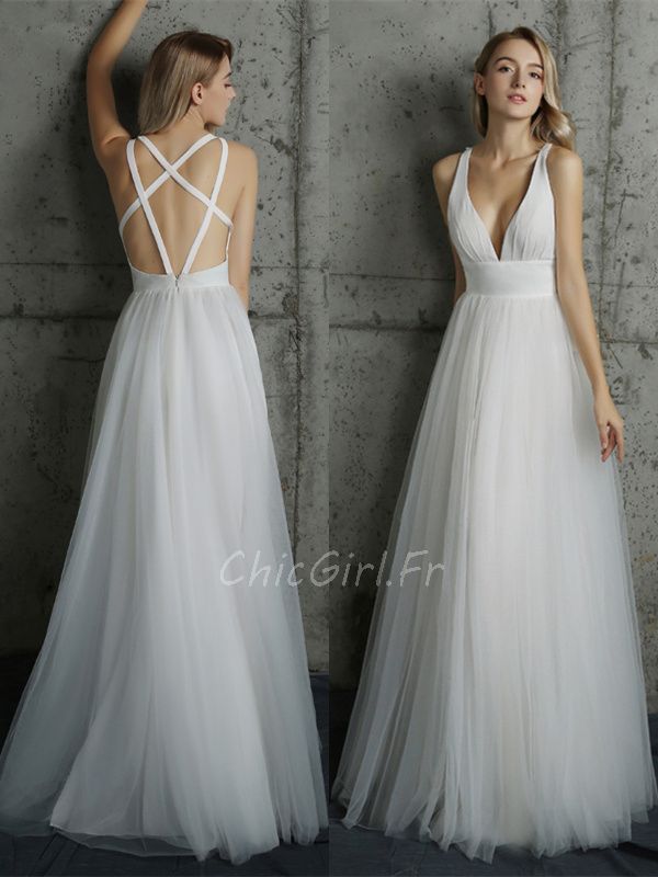 Robe De Mariee Simple Elegante Blanche Tulle Decollete Croisee Dos Nu