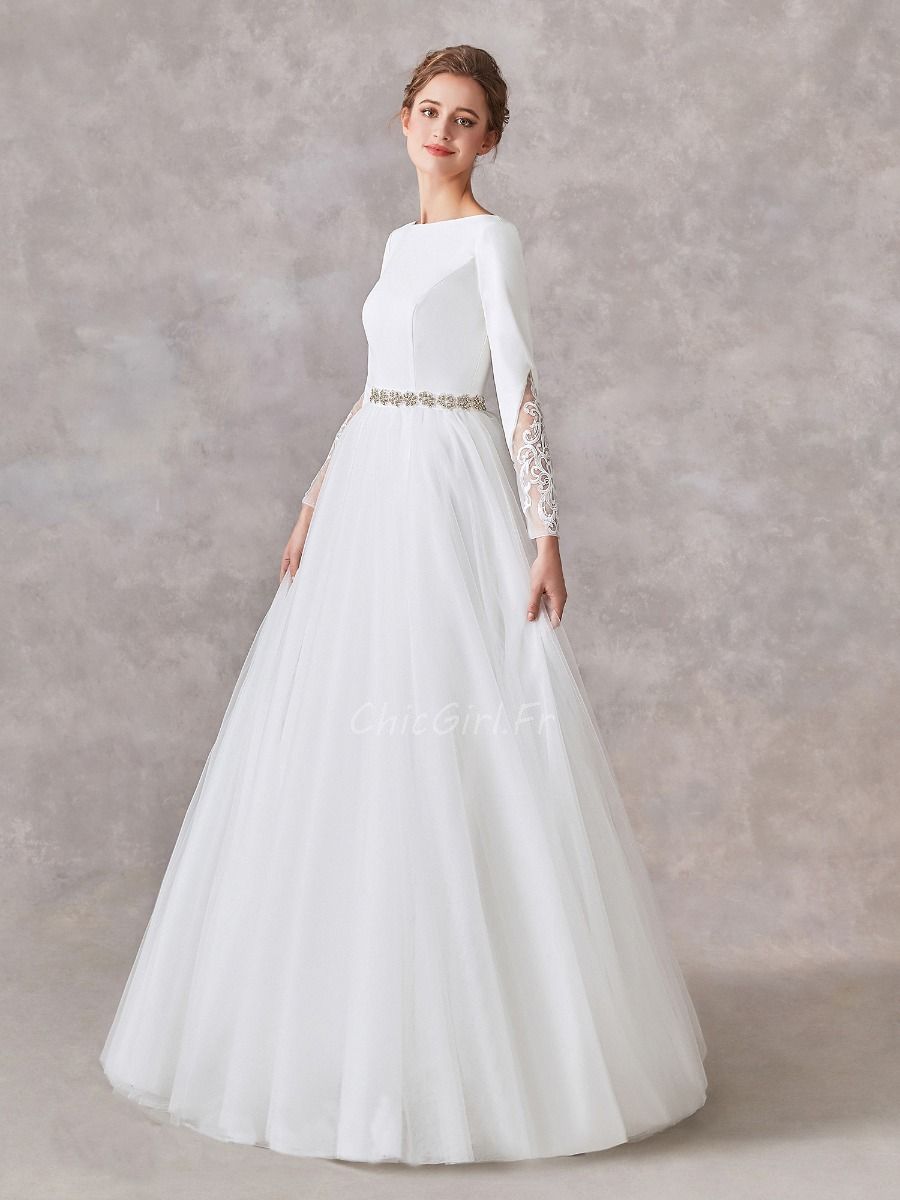 Robe De Mariee Simple et Chic Tulle Manche Longue Col Bateau Avec Strass Ceinture