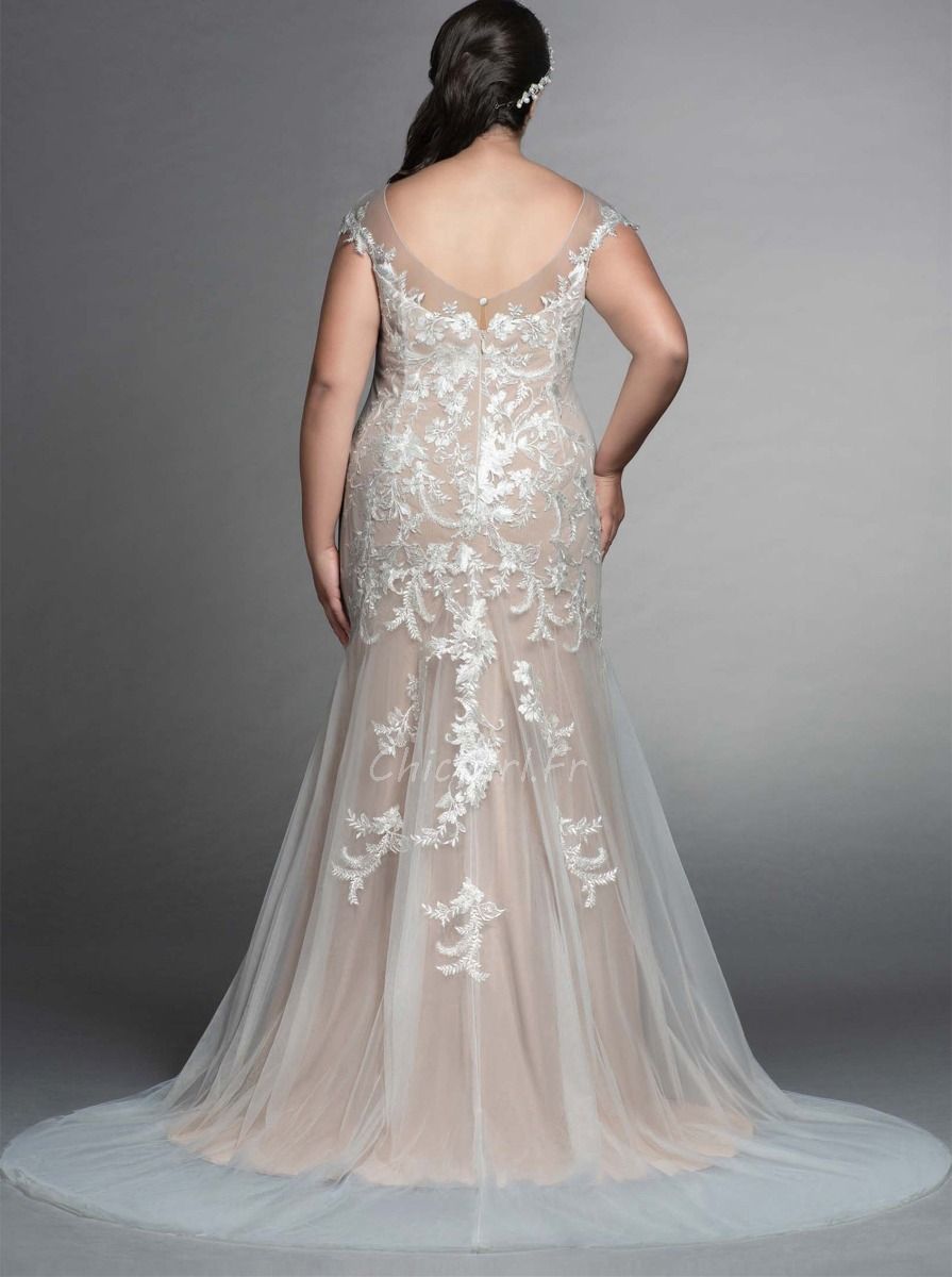 Robe De Mariee Sirene Grande Taille Champagne Satin Dentelle Col Bateau