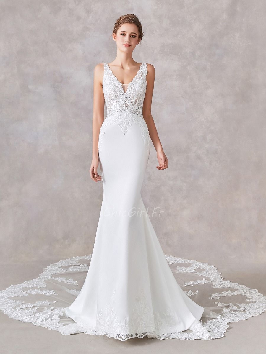 Robe De Mariee Sirene Longue Traine Dentelle Col V