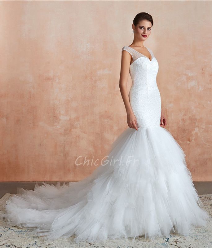 Robe De Mari e Sir ne Romantique Tulle a Volant Blanche Col V