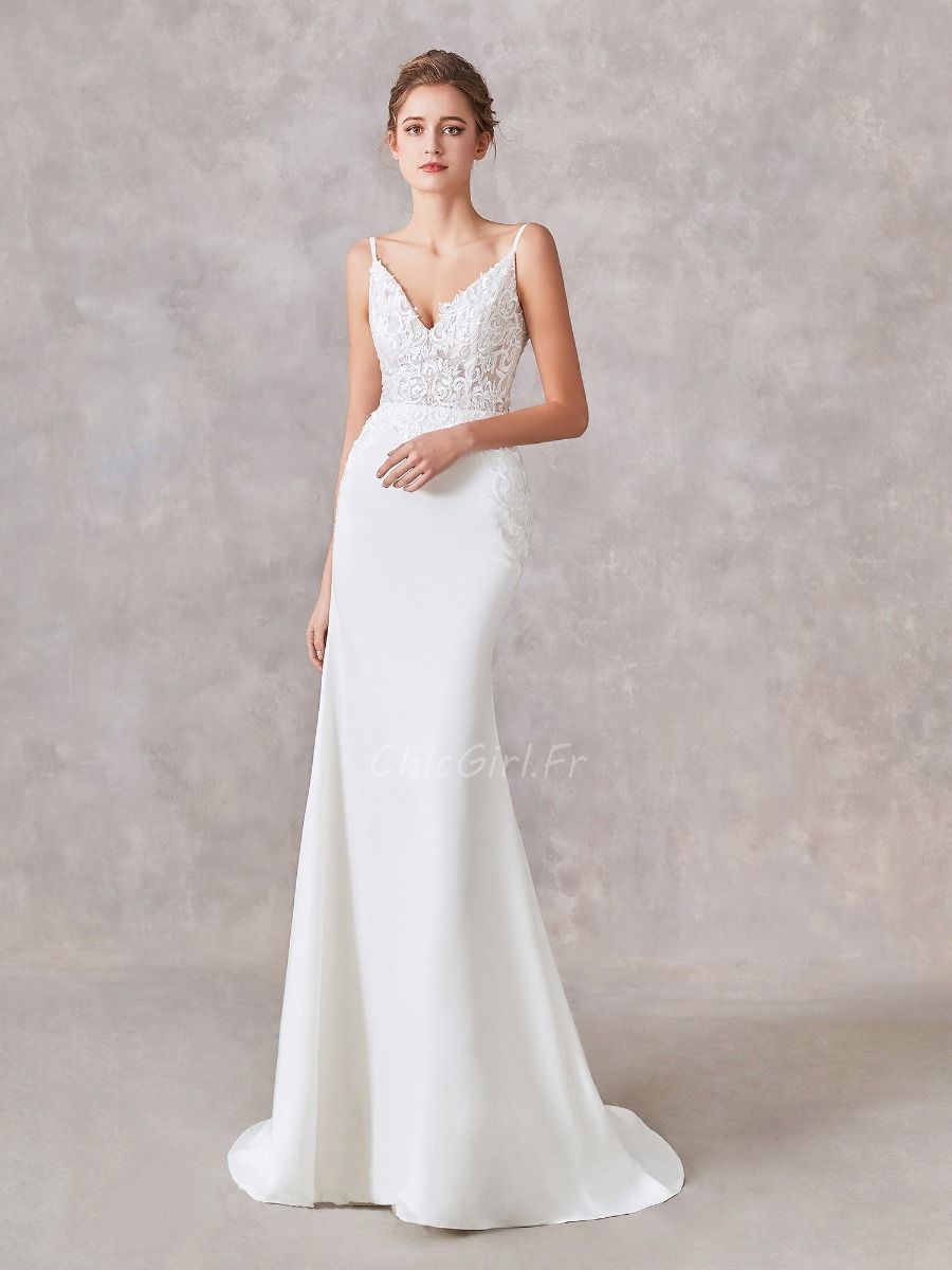 Robe De Mariee Sirene Satin Haut Dentelle Transparente Avec Bretelle Fine