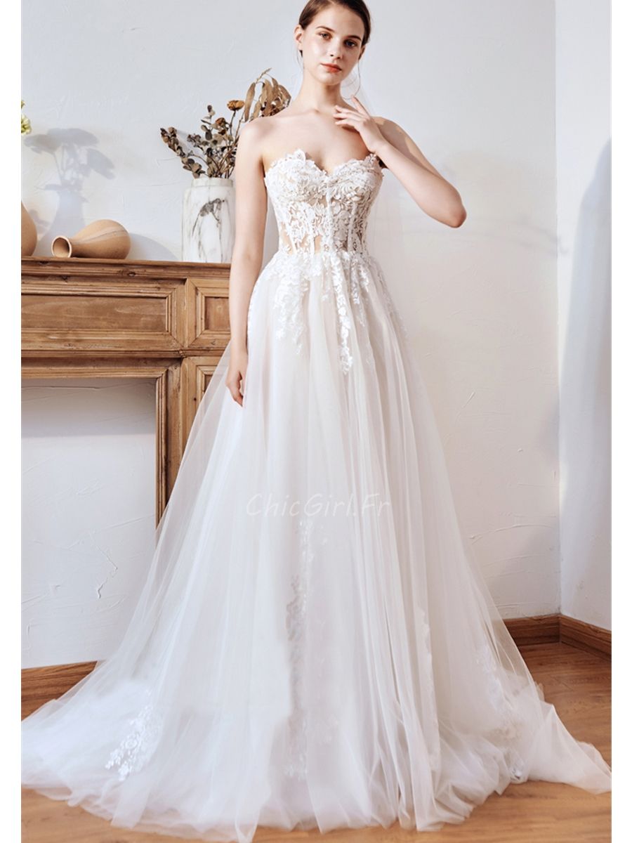 Robe De Mari e Trap ze Corset Transparent Tulle et Dentelle