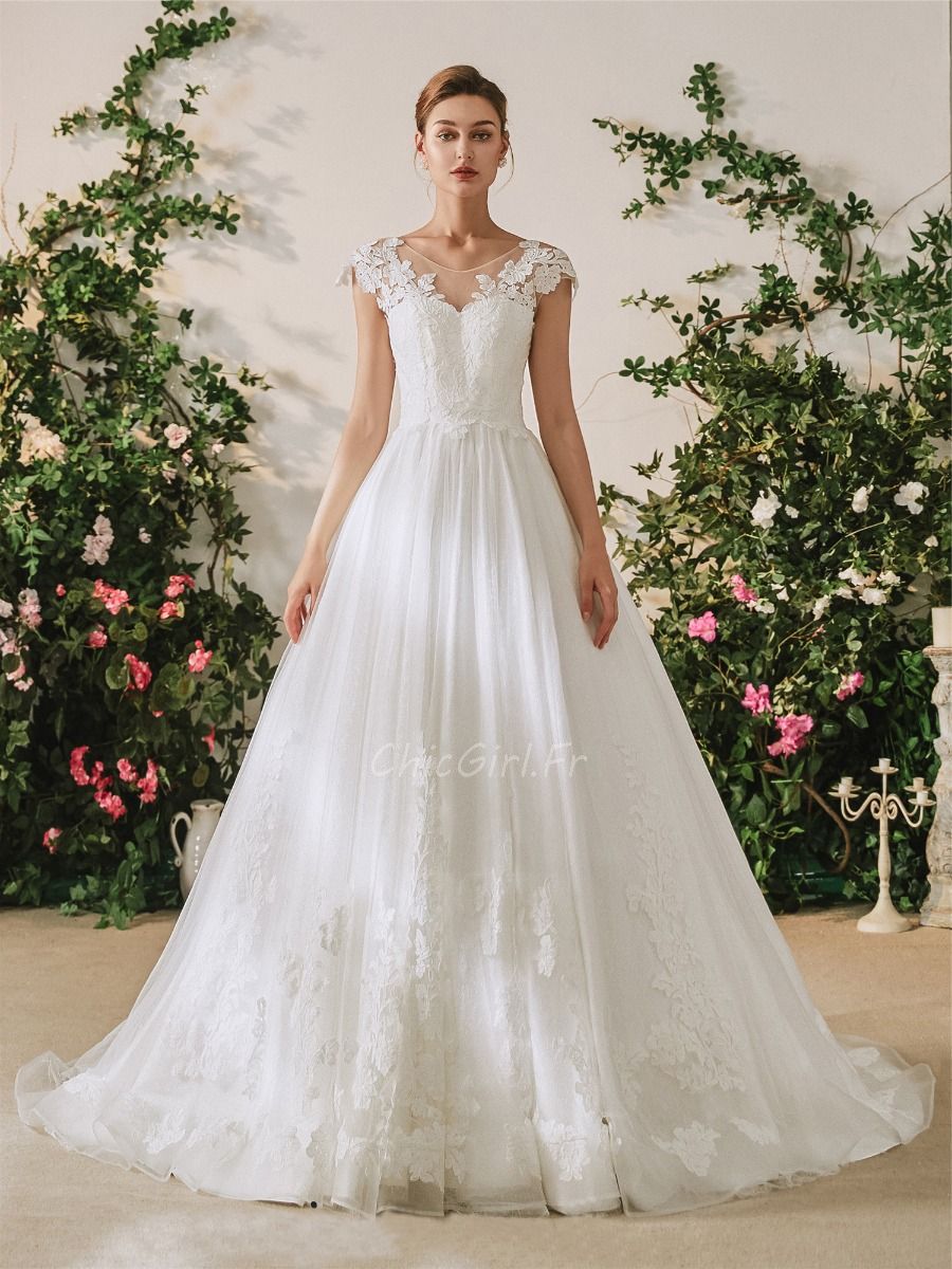 Robe De Mari e Trap ze Tulle et Dentelle Blanche Epaule Couverte
