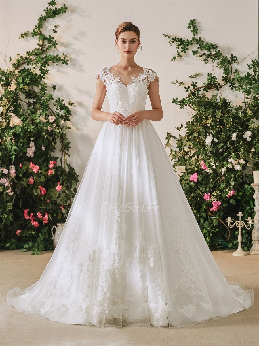 Robe De Mari e Trap ze Tulle et Dentelle Blanche Epaule Couverte