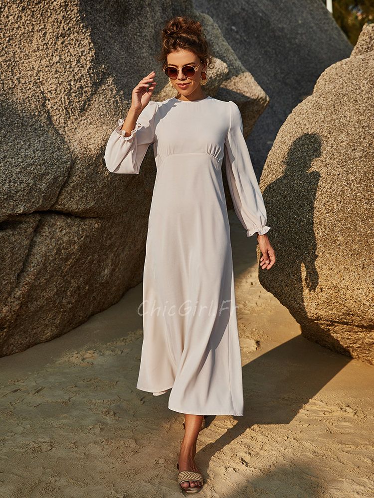 Robe De Plage ete Femme Manche Longue Sauge Mousseline Col Rond