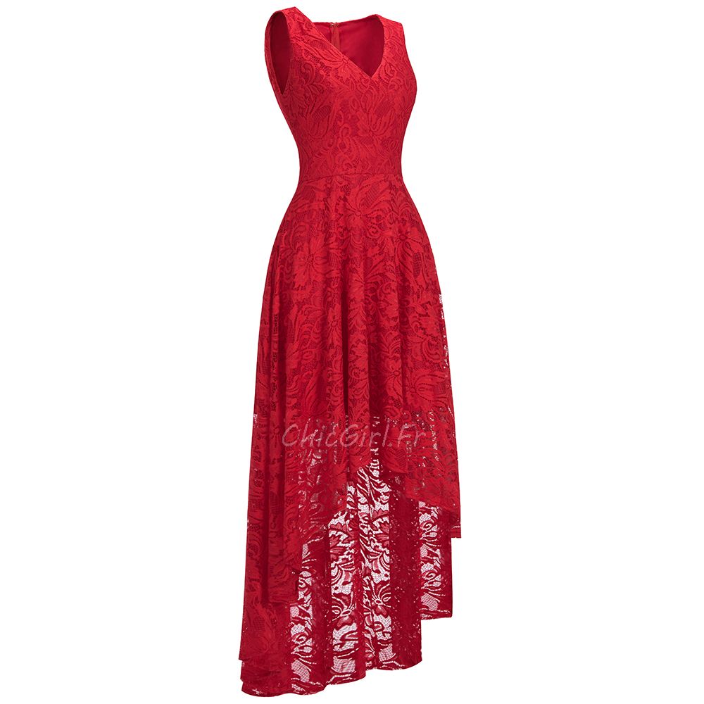 Robe De Cocktail Bal Mi Longue Rouge Tulle Dentelle Col Rond Manche 3 4