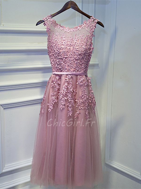 Robe De Soiree Bal Chic Mi Longue Vieux Rose Tulle Dentelle Perle Col Bateau