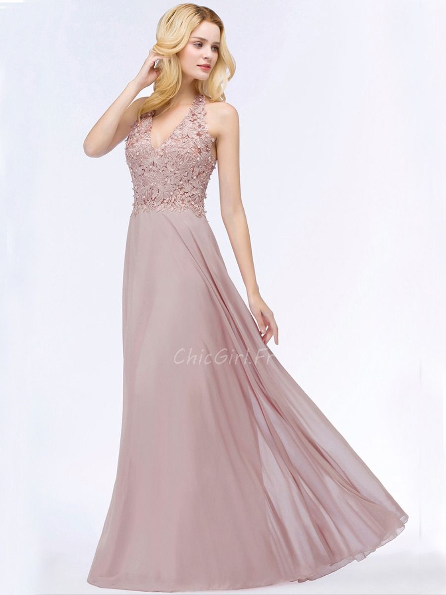 Robe De Soiree Bal De Finissants Longue Fluide Vieux Rose Mousseline Dentelle Perle