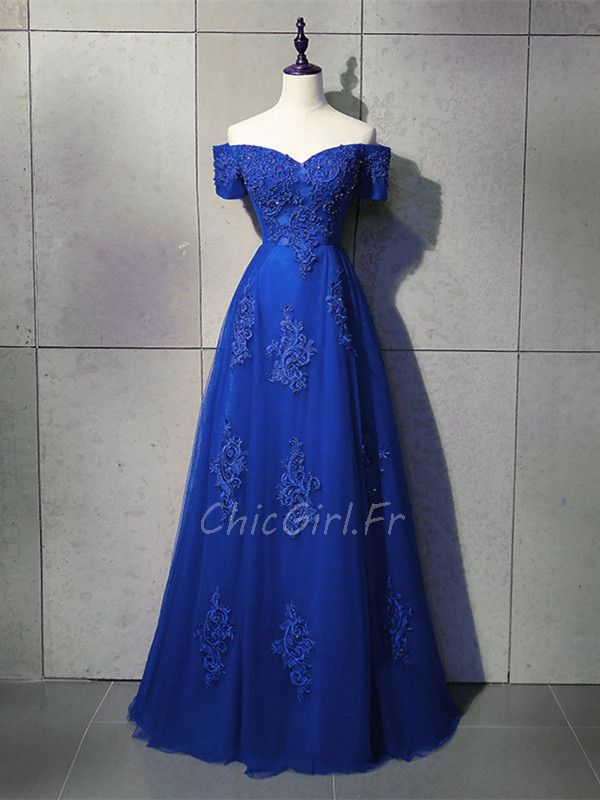 Robe De Soirée Bal Elegante Longue Bleu Roi Tulle Dentelle Perle Epaule  Dénudée