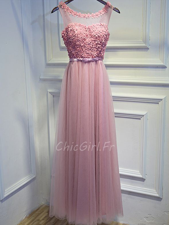 Robe De Soiree Bal Elegante Longue Vieux Rose Tulle Fleurie Perle Col Bateau