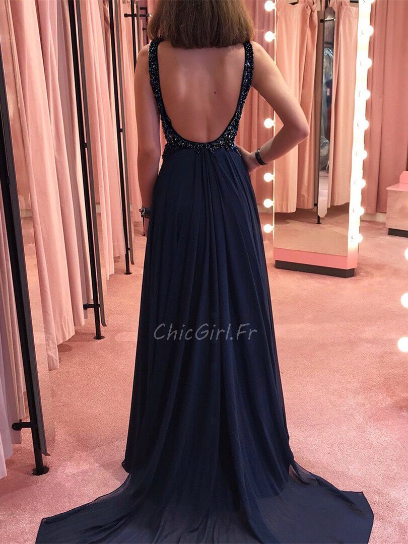 Robe De Soiree Longue Bleu Marine Mousseline Perle Col V Dos Nu
