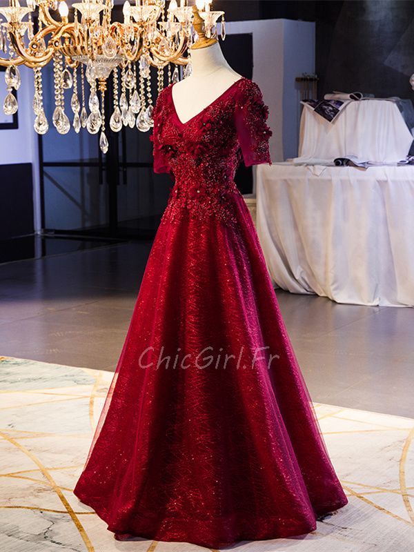 Robe De Soirée Bal Longue Bordeaux Dentelle Fleurie Col V