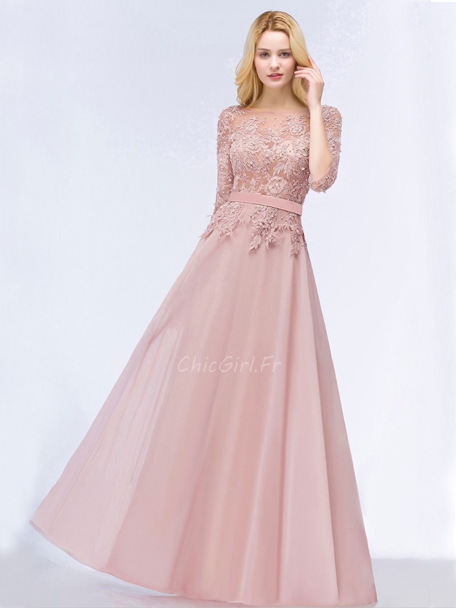 Robe De Soirée Bal Longue Vieux Rose Mousseline Dentelle Perle Manche  Col Bateau