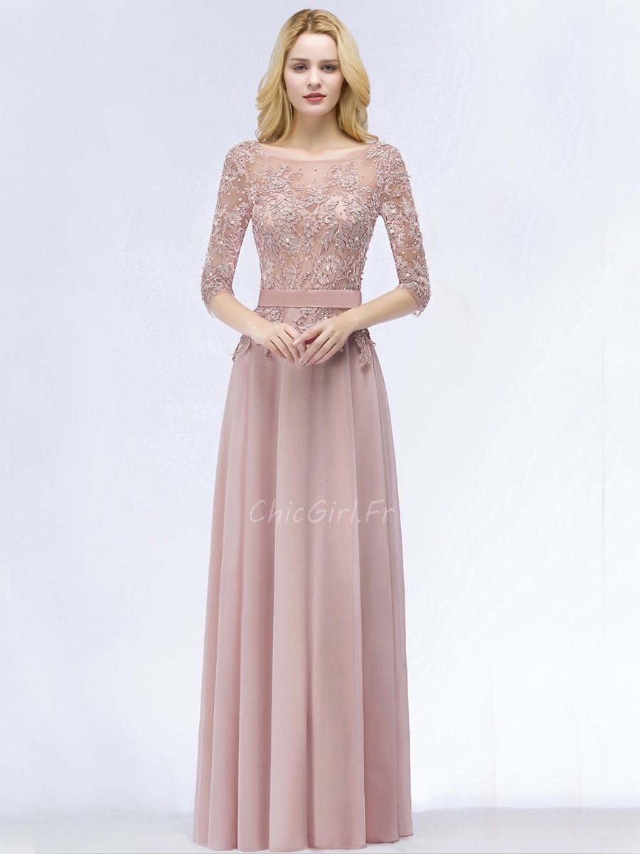 Robe De Soiree Bal Longue Vieux Rose Mousseline Dentelle Perle Manche 3 4 Col Bateau