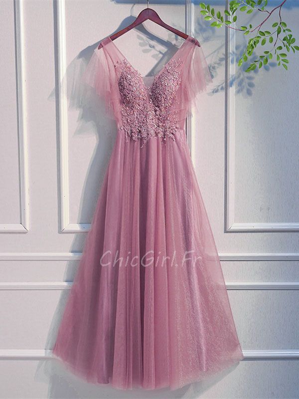 Robe De Soiree Bal Longue Vieux Rose Tulle Manche Volantee Decollete Dos Nu