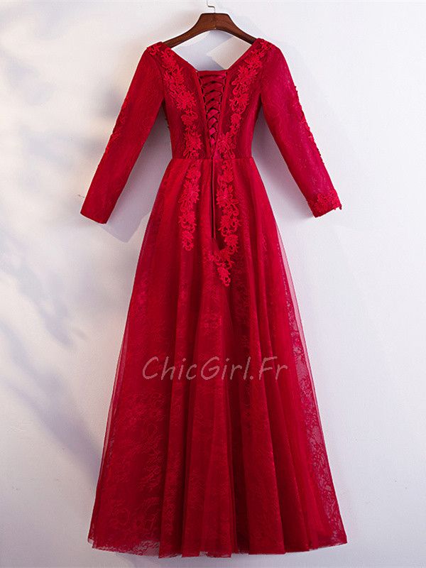 Robe De Soirée Bal Manche Longue Rouge Dentelle Col V élégante