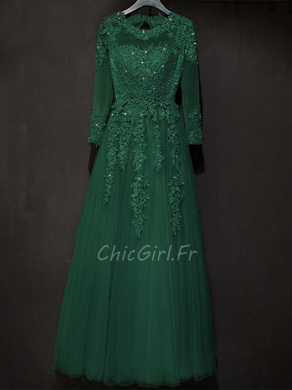 Robe De Soirée Bal Manche Longue Vert Sapin Dentelle Tulle Strass