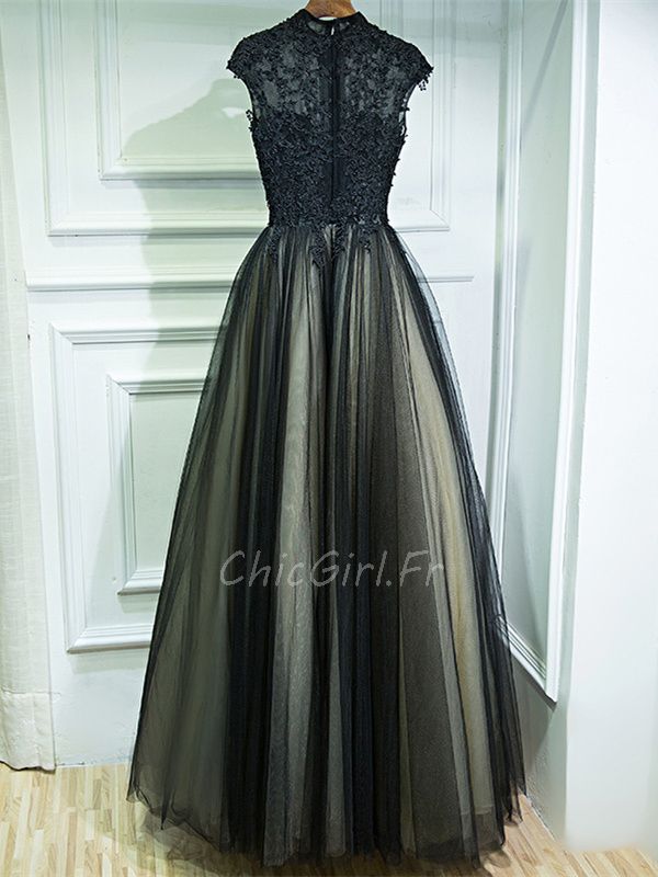Robe De Soirée Bal Princesse Longue Noire Dentelle Tulle Col Montant