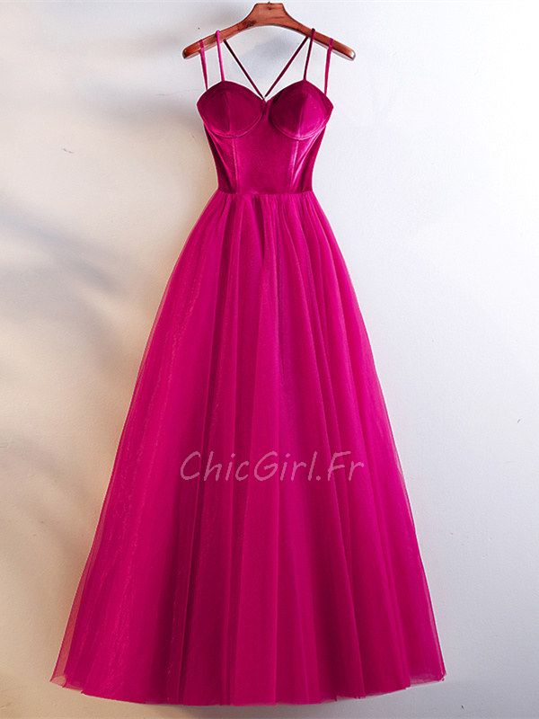 Robe De Soir e Bal Princesse Simple Longue Rose Fushia Tulle Avec