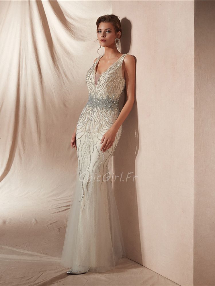 Robe De Soiree Bal Sirene Luxe Champagne Tulle Perle Strass Brillante Decollete
