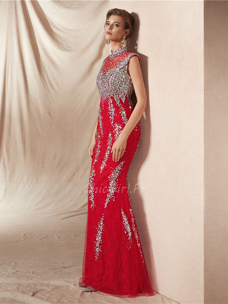 Robe De Soir e Bal Sir ne Luxe Longue Rouge Dentelle Strass