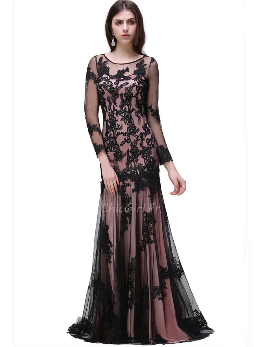 Robe De Soiree Bal Sirene Manche Longue Vieux Rose Satin Noire Dentelle