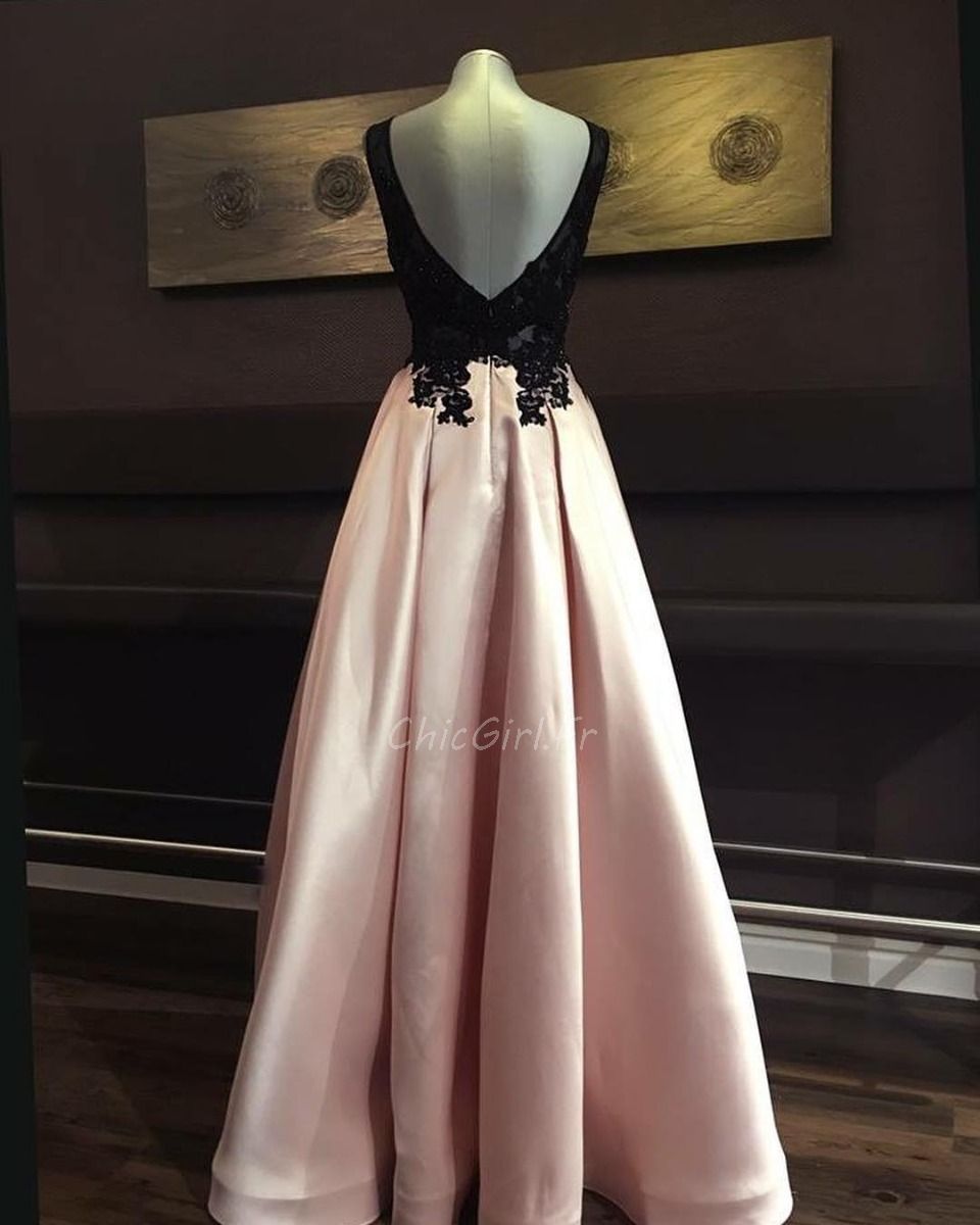 Robe De Soir e Bicolore Longue Rose Satin Noire Dentelle
