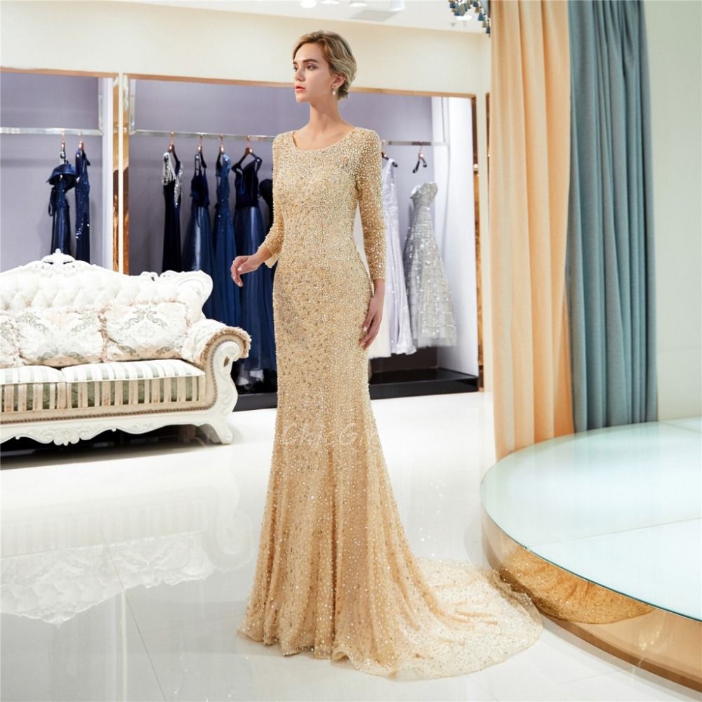 Robe De Soir e Sir ne Manche Longue Paillette Brillante Dor e