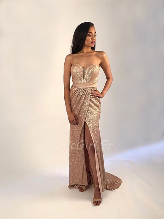 Robe De Soiree Bustier Longue Doree Paillette Scintillante Avec Fente