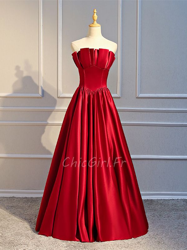 Robe De Soirée Ceremonie Bustier Longue Rouge Satin Plissée