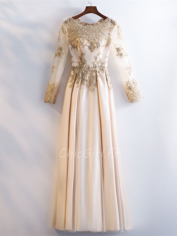 Robe De Soir e Ceremonie Manche Longue Champagne Satin Tulle
