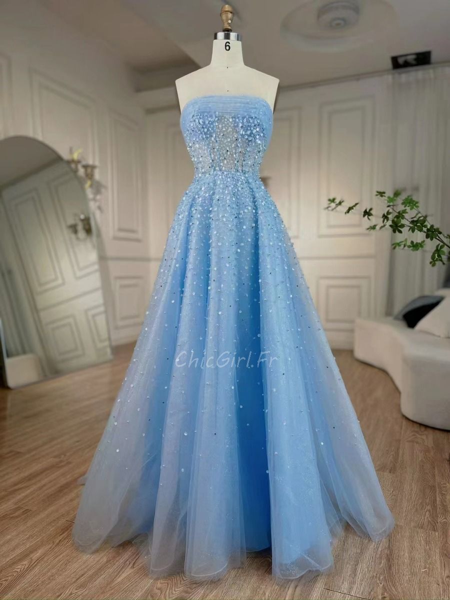 Strass Robe Longue Turquoise Bustier Robe De Soirée Chic Et