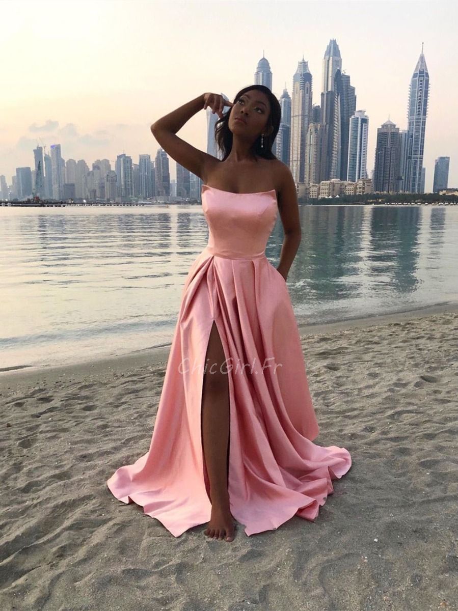 Robe De Soiree Chic Et Glamour Bustier Longue Satin Rose Avec Fente