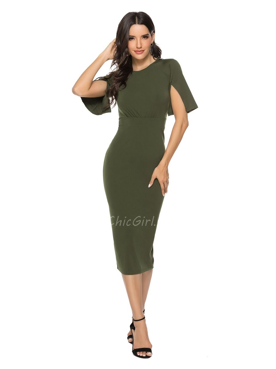 Robe De Soir e Crayon Vert Olive Mi Longue Col Montant Manche Fendue 1