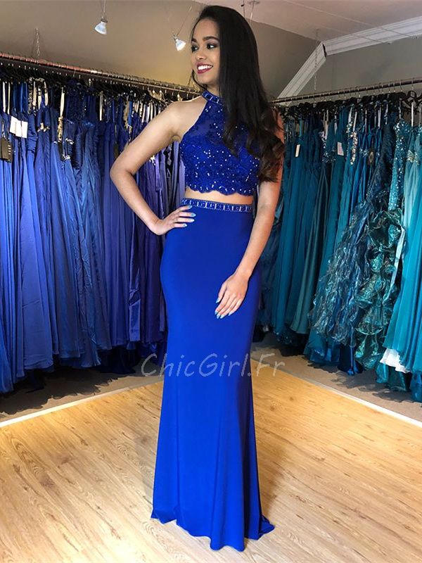 Robe De Soiree Deux Pieces Licou Longue Bleu Roi Jersey Dentelle