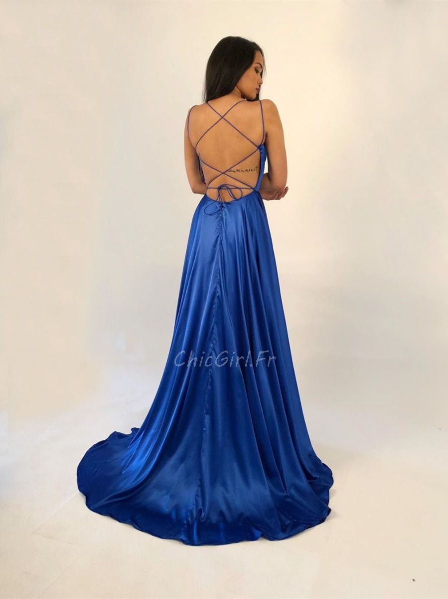Robe De Soiree Dos Nu Bretelles Croisees Soie Bleu Roi Avec Traine