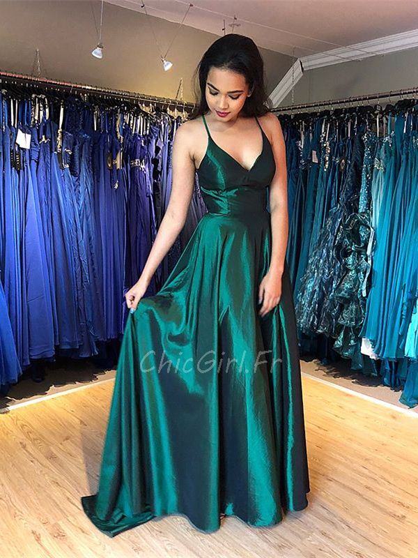 Robe De Soir e Dos Nu Simple Longue Vert Sapin Taffetas Avec Fente