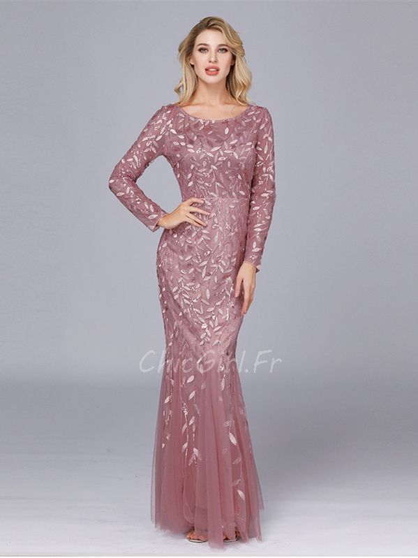 Robe De Soiree En Tulle Brode Vieux Rose Manche Longue Cintree Col Bateau