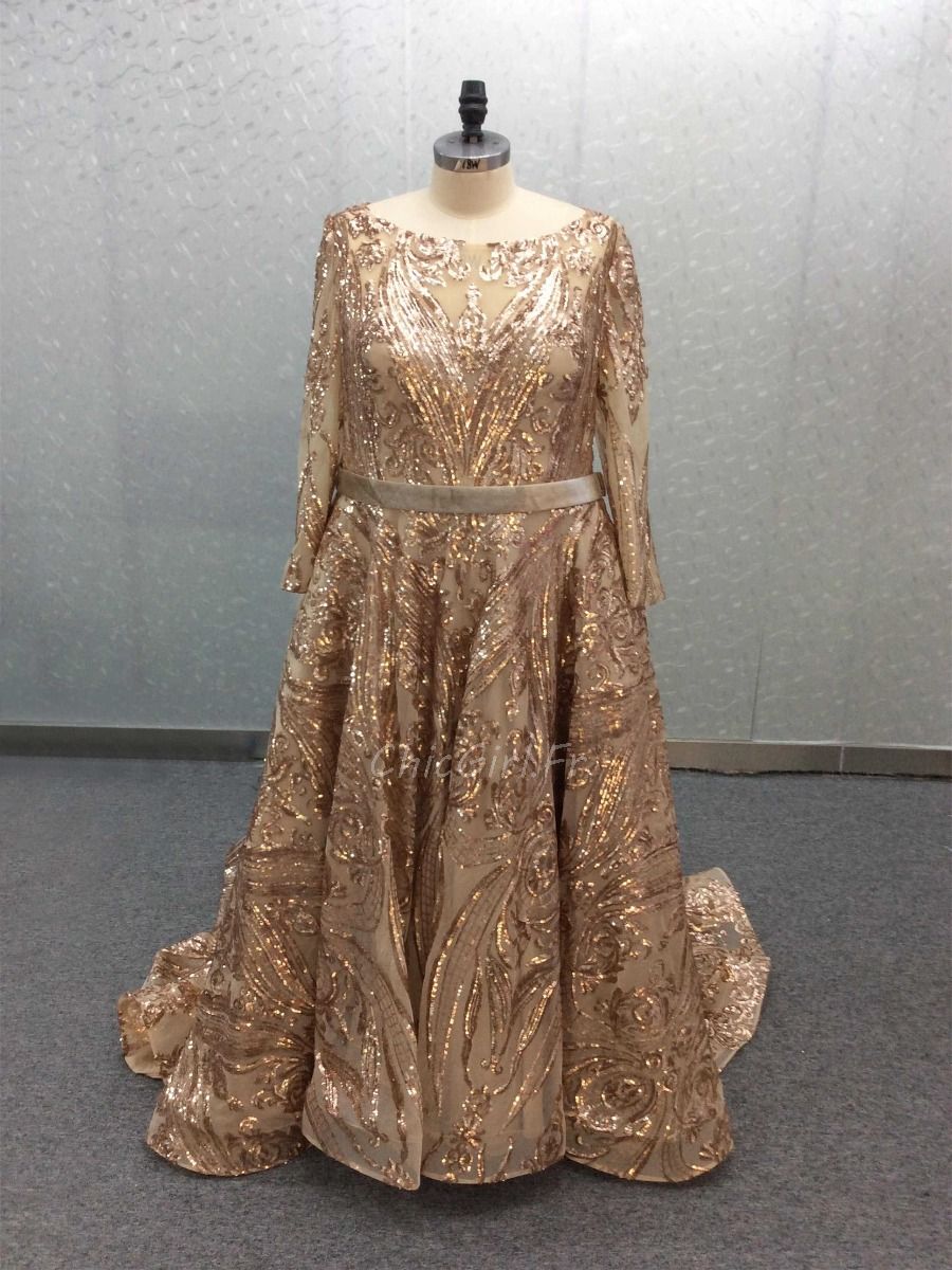 Robe De Soiree Femme Ronde Brillante Rose Gold Modeste Manche Longue Col Montant