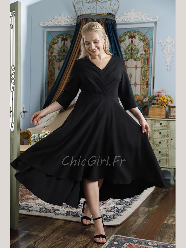 Robe De Soiree Grande Taille Asymetrique Courte Devant Noire Manche 3 4