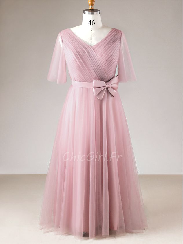 Robe De Soiree Grande Taille Longue Vieux Rose Tulle Manche Col V Avec Noeud