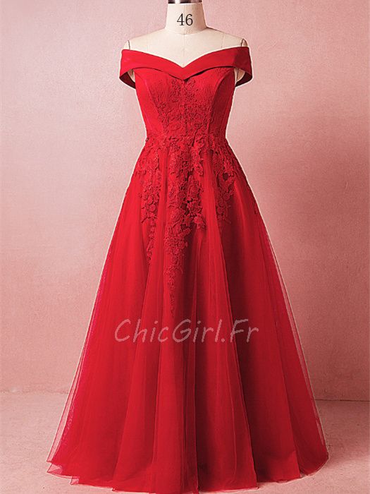 Robe De Soiree Grande Taille Princesse Longue Rouge Tulle Dentelle Epaule Denudee