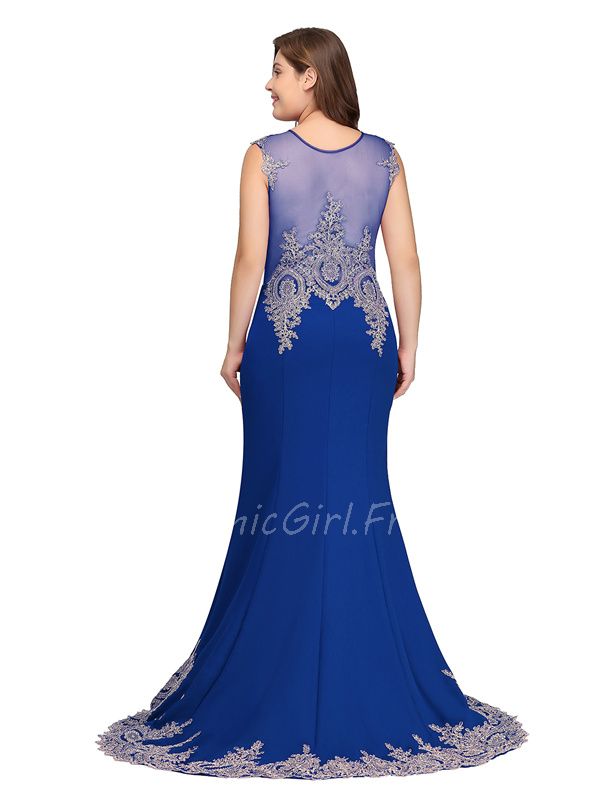 Robe De Soirée Femme Ronde Classique Sirène Bleu Roi Satin Dentelle Col Rond